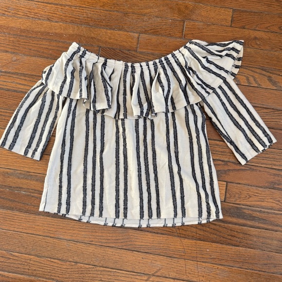 Banana Republic Ruffled Stripe Off the Shoulder Blouse - Black and Cream - Picture 6 of 6